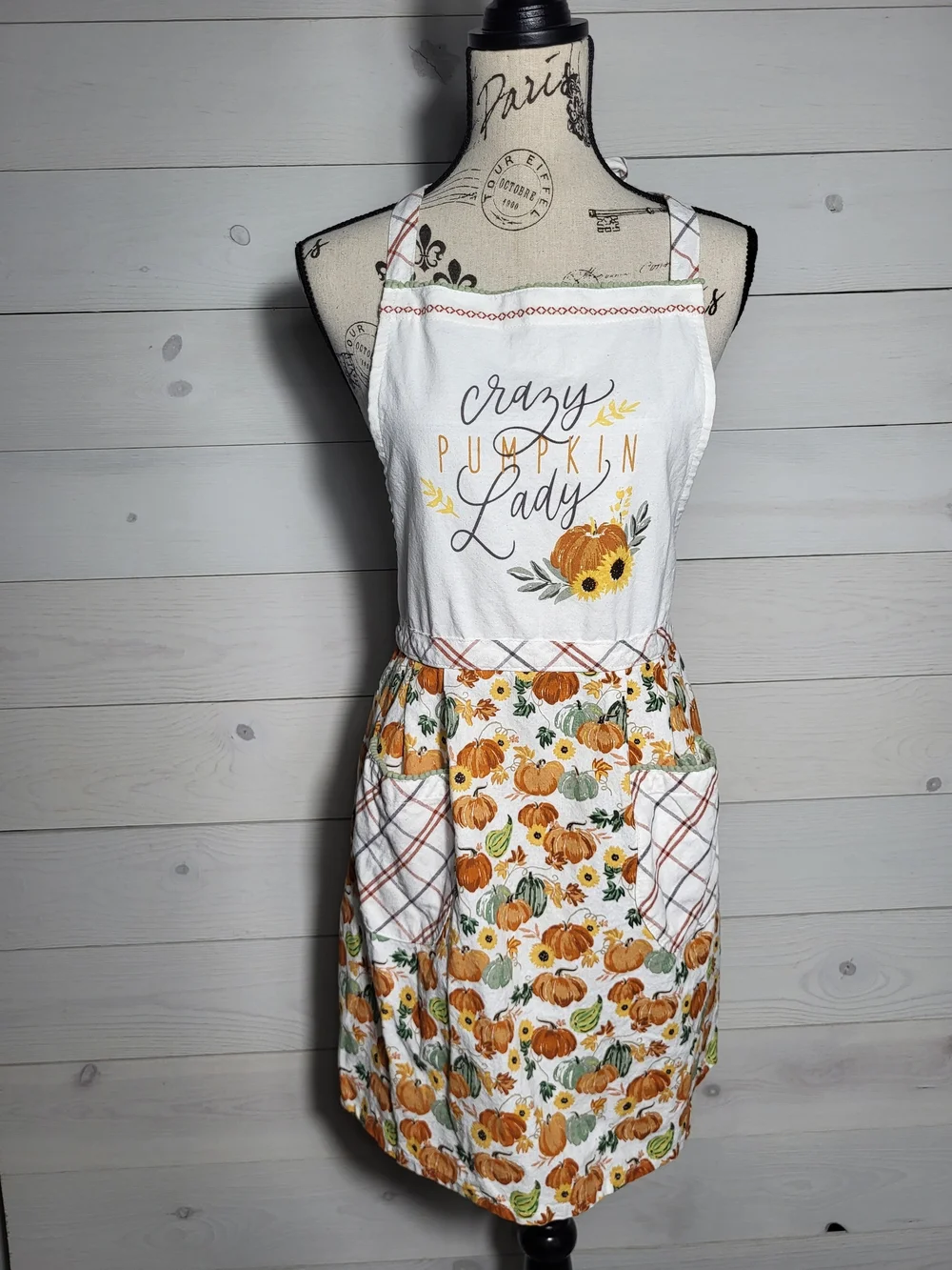 Crazy Pumpkin Lady Women's Apron Cotton Pom Trim Fall Sunflowers Cottagecore.